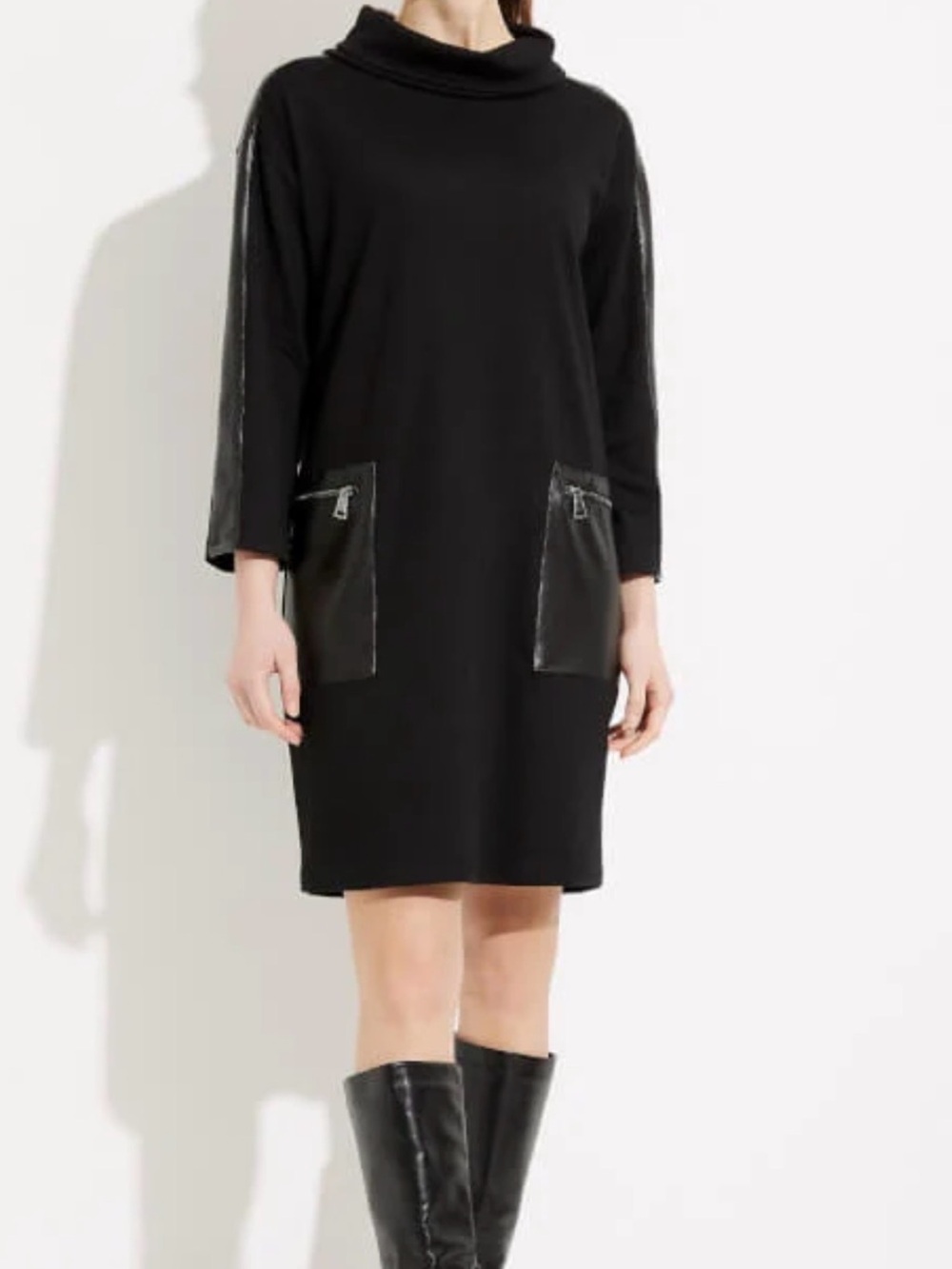 Joseph Ribkoff Black Mini Shift Dress with Faux Leather Pockets